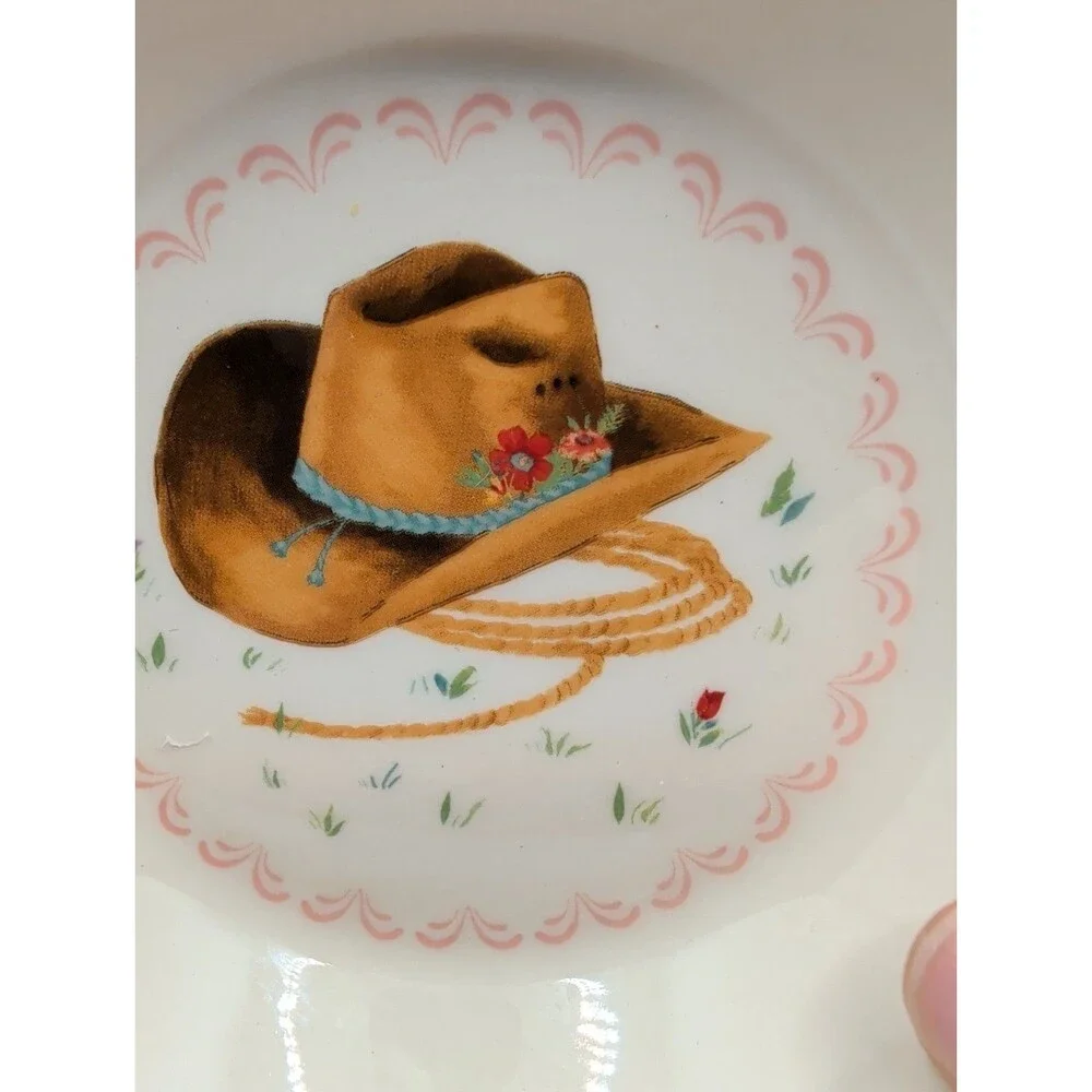 The Pioneer Woman Cowboy Hat Mini Pie Pan Stoneware Pink Plaid Rope Western